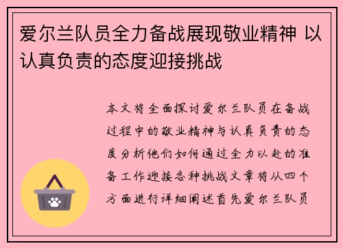 爱尔兰队员全力备战展现敬业精神 以认真负责的态度迎接挑战