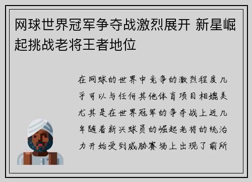 网球世界冠军争夺战激烈展开 新星崛起挑战老将王者地位